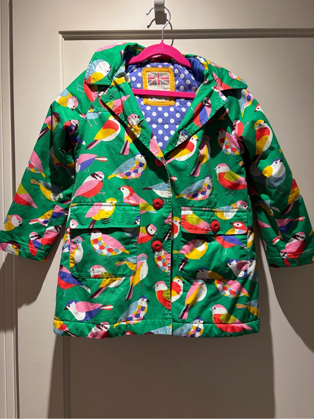 Mini Boden Green Hooded Jacket with Colorful Bird Print